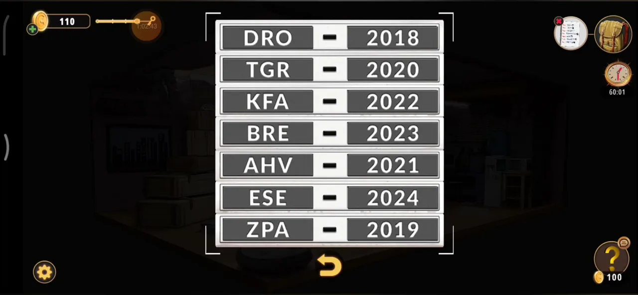 Таблица из семи кодов с годами: DRO 2018, TGR 2020, KFA 2022, BRE 2023, AHV 2021, ESE 2024, ZPA 2019