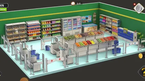 Продуктовый магазин со стеллажами, холодильниками и кассой самообслуживания
