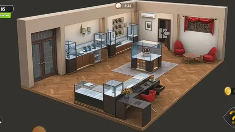 Ювелирный магазин с витринами, красным креслом и красными шторами