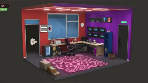 Комната охраны в Rooms & Exits: красно-фиолетовый кабинет со столом, мониторами и розовым ковром