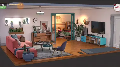 Квартира Джессики в Rooms & Exits: гостиная с розовым диваном, телевизором и дверью в спальню