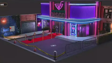 Улица у клуба на уровне Вход в клуб: неоновая вывеска Disco, красная дорожка и охранник у двери