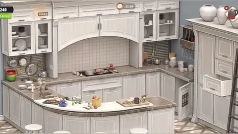 Кухня с белыми шкафами, барной стойкой и лестницей у стены